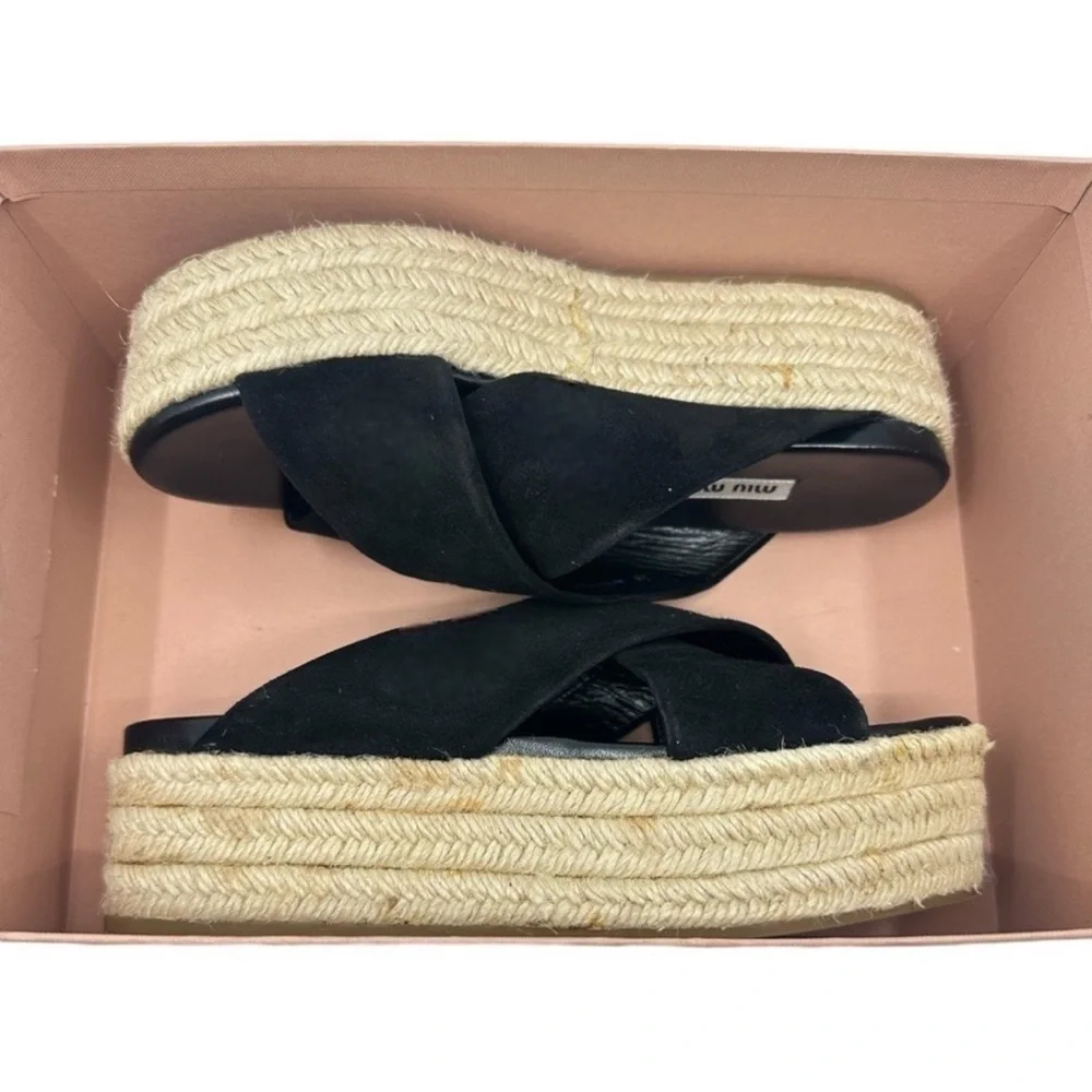 MIU MIU Suede Espadrille Platform Slip on Slides Sandals Black size 8 NEW